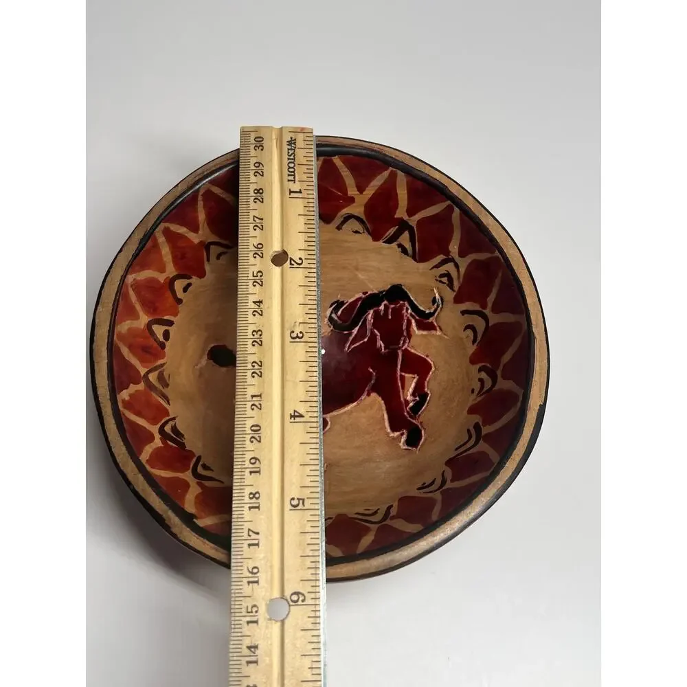 VTG Hand Carved Wooden Bowl‎ Charging Bull Folk Art Rustic Western Ranch Decor